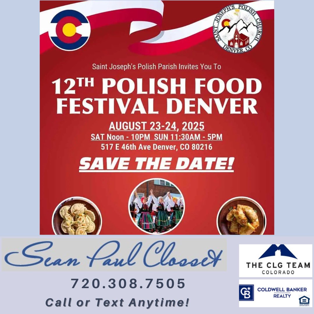 CoRealEstateCLG's tweet photo. Come this weekend for the 12th Annual COLORADO POLISH FOOD FESTIVAL DENVER 🎉 Authentic pierogi, kielbasa, "pączki" pastries, live music, dancing and family fun all in one place!
More Info: https://t.co/v9nq5J6u01
#theCLGteam
#coldwellbankerrealty
#thingstodoindenver https://t.co/TOmDBaabSj