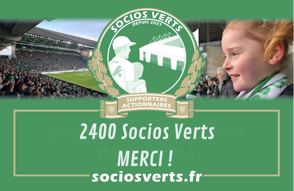 Socios Verts (@socio_verts) on Twitter photo 📢 Levée de fonds Socios Verts !
En seulement 60h, + de 2400 supporters ont déjà participé pour intégrer le capital de l’<a href="/ASSEofficiel/">AS Saint-Étienne</a> 💚
👉 Participez vous aussi : sociosverts.fr
#ASSE #SociosVerts #VertEtActionnaire 📢 Levée de fonds Socios Verts !
En seulement 60h, + de 2400 supporters ont déjà participé pour intégrer le capital de l’<a href="/ASSEofficiel/">AS Saint-Étienne</a> 💚
👉 Participez vous aussi : sociosverts.fr
#ASSE #SociosVerts #VertEtActionnaire