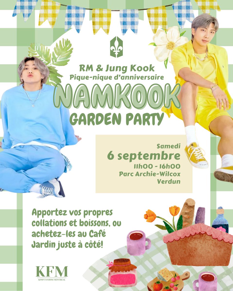 🌿🧺 #BTSARMY, pack your blankets and join us for a cozy picnic to celebrate RM and Jung Kook on September 6!

🌿🧺 Préparez vos couvertures et rejoignez-nous pour un pique-nique convivial afin de célébrer #RM et #JungKook le 6 septembre!

<a href="/KFMtl/">KFM (KPOP FANDOM MONTREAL)</a> #BTSMontreal #NamKook 🐨🐰