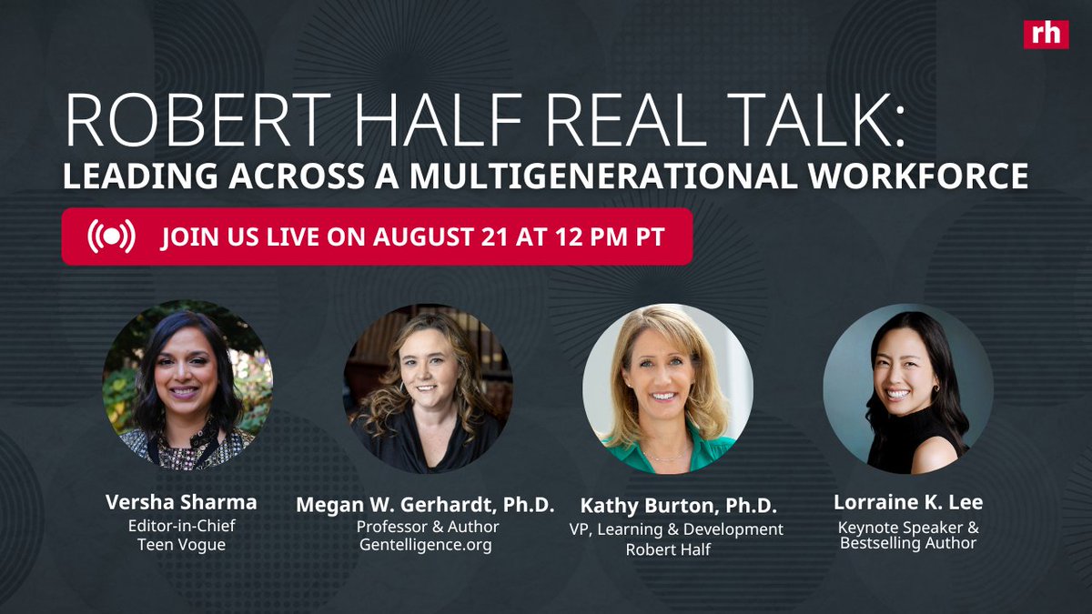 roberthalf's tweet image. 🔊 This one’s for the leaders navigating a #multigenerational workplace:

Struggling to unite #BabyBoomers, #GenX, #Millennials, and #GenZ on your team?

RSVPfor our #LinkedInLive to dive into the art and science of how managing a multigenerational team: lnkd.in/gZYcBURa