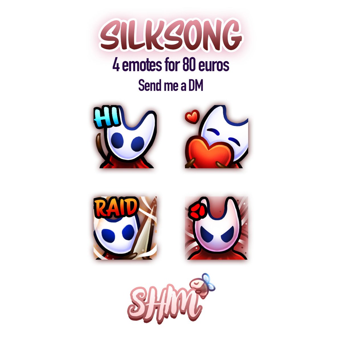 Shimisdrawing's tweet photo. Are you guys ready for Silksong ? ❤️
I just finished to draw a Twitch Emote pack of Hornet ! 
Available now, send me a DM !! (Only for one person !)
- - -
RT are highly appreciated !! Thank you so much !!
#silksong2025 #hollowknight #TwitchStreamers https://t.co/GY67cLeMLP