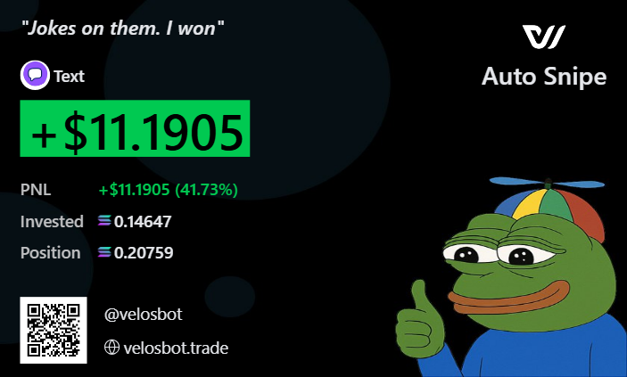 Stop missing entries.
With VelosBot Auto Sniper:
🎯 Auto snipe = more profits
⚡️ Lightning execution (2–5s)
💸 FREE for all users

👉 Try now: velosbot.trade/?ref=SolSniper…
CA: 8NeSxCotiidmXgU378xKbphM7pt4ZL5cK3GCNXeNpump
#velosbot <a href="/velosbot/">VelosBot</a> #solanasnipebot"