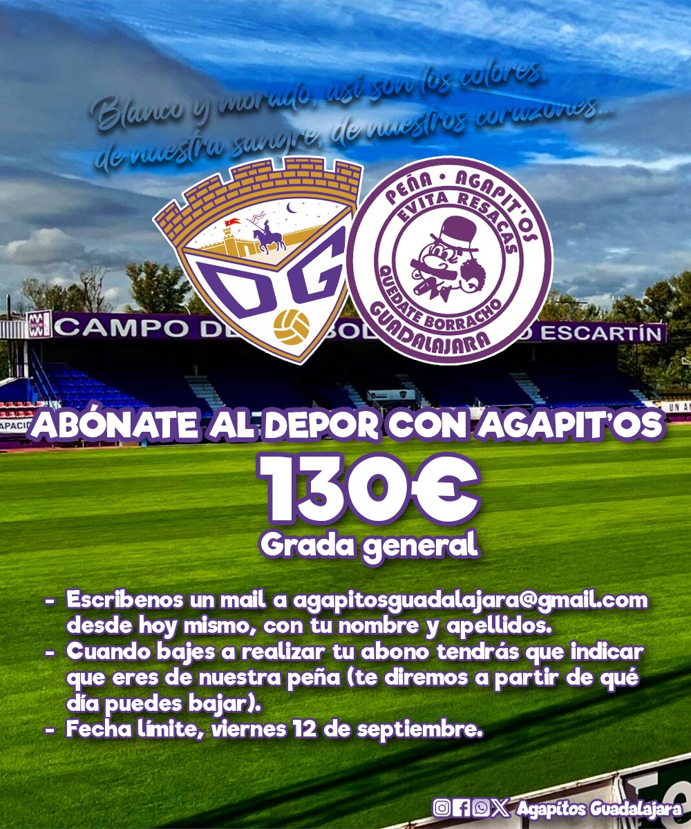 Peña Agapit'os (@agapitosoe) on Twitter photo ⚪️🟣 AGAPIT'OS 🟣⚪️
💜 Este año abónate al <a href="/deporguada/">C.D. Guadalajara 🟣⚪️</a> con nosotros y obtén un descuento 💜
⚽️ 130€ Grada general (Guadalajara) 👇🏼👇🏼👇🏼 ⚪️🟣 AGAPIT'OS 🟣⚪️
💜 Este año abónate al <a href="/deporguada/">C.D. Guadalajara 🟣⚪️</a> con nosotros y obtén un descuento 💜
⚽️ 130€ Grada general (Guadalajara) 👇🏼👇🏼👇🏼