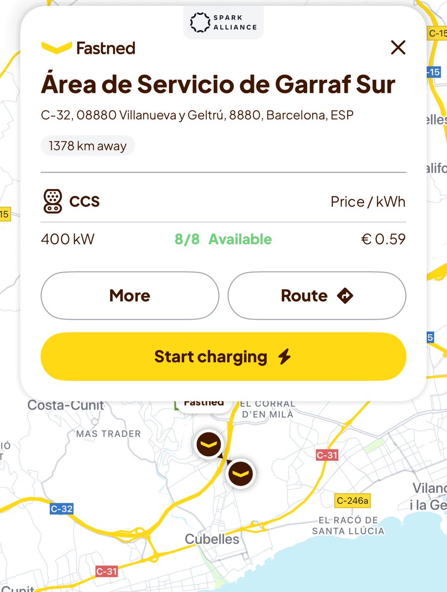 David (@davidper) on Twitter photo Ya operativas las dos primeras estaciones de Fastned en España ⚡️🇪🇸
Están en la C32 en Vilanova i la Geltrú.
0,59€/kWh • -30% con suscripción (12€/mes). Ya operativas las dos primeras estaciones de Fastned en España ⚡️🇪🇸
Están en la C32 en Vilanova i la Geltrú.
0,59€/kWh • -30% con suscripción (12€/mes).