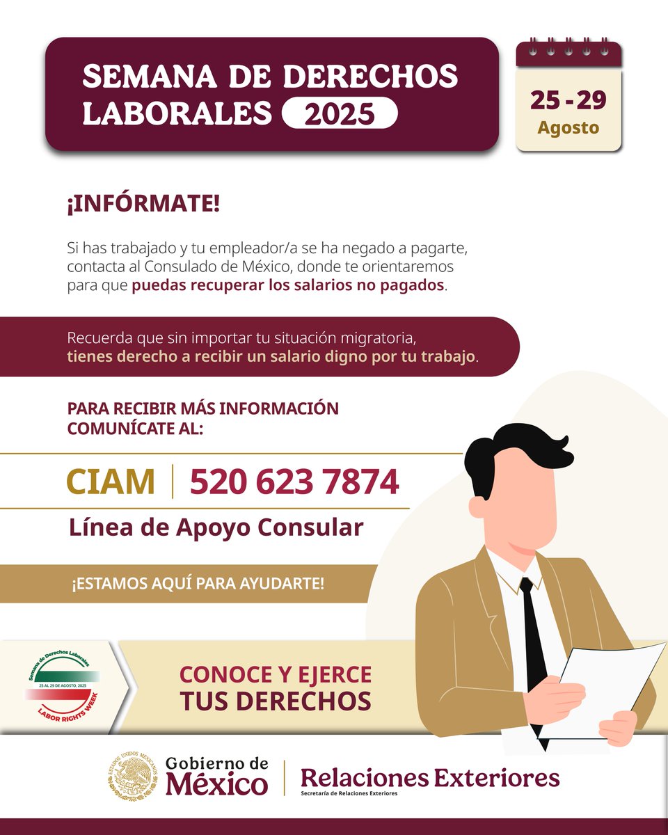 Después de la SALE viene la Semana de Derechos Laborales

Para mayor información llama al (919) 615 3687☎️

#ConoceYEjerceTusDerechos; #NoTeDejesEngañar; #CIAM; #ConsultaConCIAM; #ProtecciónConsular; #ProtecciónPreventiva; #TuConsulado; #AlertaFraude; #ConoceTusDerechos; #SDL.