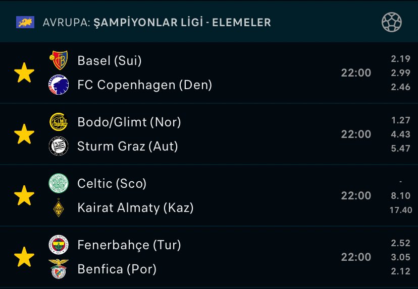 ÖDÜLLÜ KUPON 🌟 

Basel-Kopenhag: KG Var • 1.71
Bodo Glimt-Sturm Graz: EV 1,5 Üst • 1.39
Celtic-Kairat: İY 1,5 ÜST &amp; İY 1 • 2.44
Fenerbahçe-Benfica: KG VAR &amp; 2,5 Üst • 2.03 

Toplam Oran: 11.70

💰15.000 &gt; 175.566

• Kupon kazanırsa RT &amp; FAV yapan 10 kişiye 10.000₺ nakit!🎁