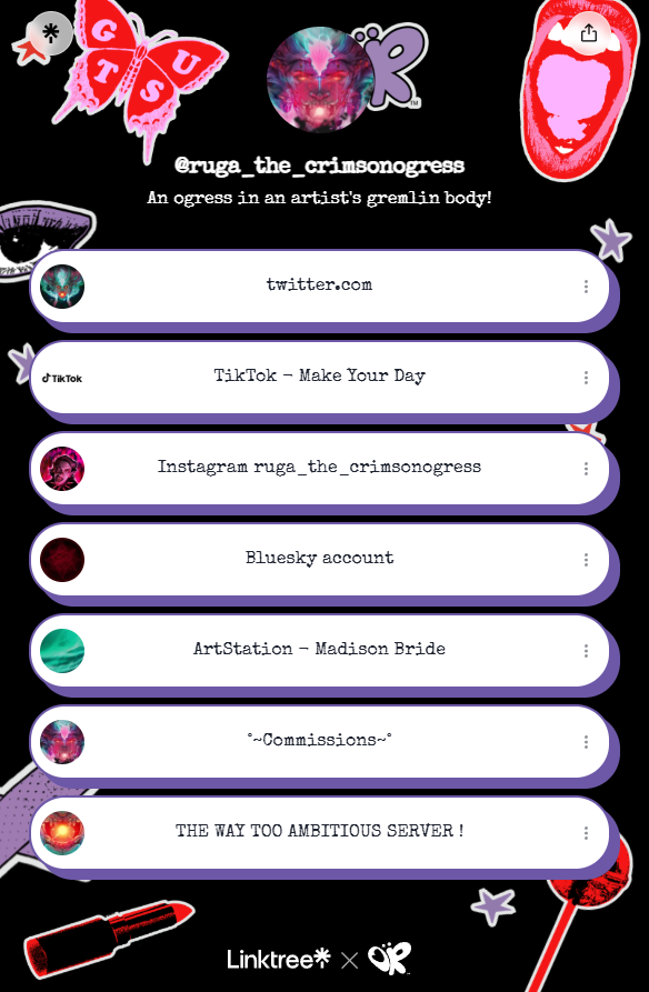 *:･ﾟ✧☆* FINALLY HERE MY LINKTREE - *☆✧･ﾟ:*

With all my social media and especially ...

(☞°ヮ°)☞ ! My new Discord server! ╰( ͡° ͜ʖ ͡° )つ──☆*:・ﾟ

Please join i feel alone... XD

linktr.ee/ruga_the_crims…