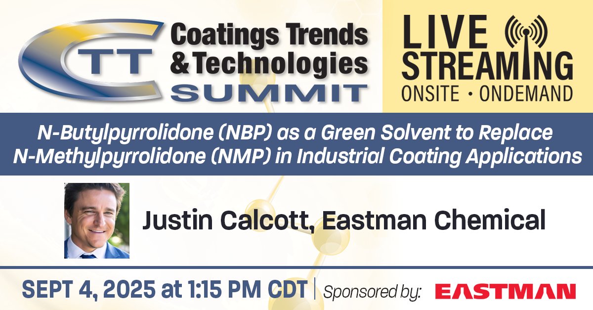 PCImag's tweet photo. The EPA proposed limitations on NMP in paints, #coatings, and their removers in 2024. Learn how NBP can be used to replace NMP without compromising product quality in this free presentation, streaming LIVE from the #CTTSummit on September 4. Sign up today: https://t.co/XddTLqFLjw https://t.co/sq8laWYQIq