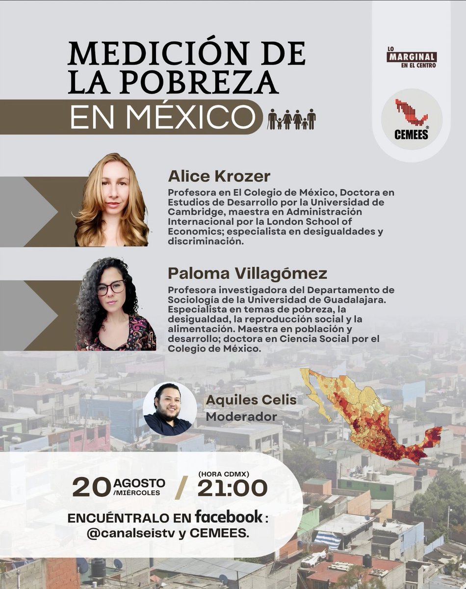 canal6tv's tweet photo. ¡Hoy en #LoMarginalEnElCentro! 🚨
Acompáñanos a una conversación clave sobre la Medición de la Pobreza en #México, con las invitadas Alice Krozer (@alicekrozer) y Paloma Villagómez. 🗣️📈
Moderado por Aquiles Celis, 📅hoy⏰ 21:00 hrs en el Facebook de @canal6tv y @cemees_org https://t.co/mo6VPBCFvL