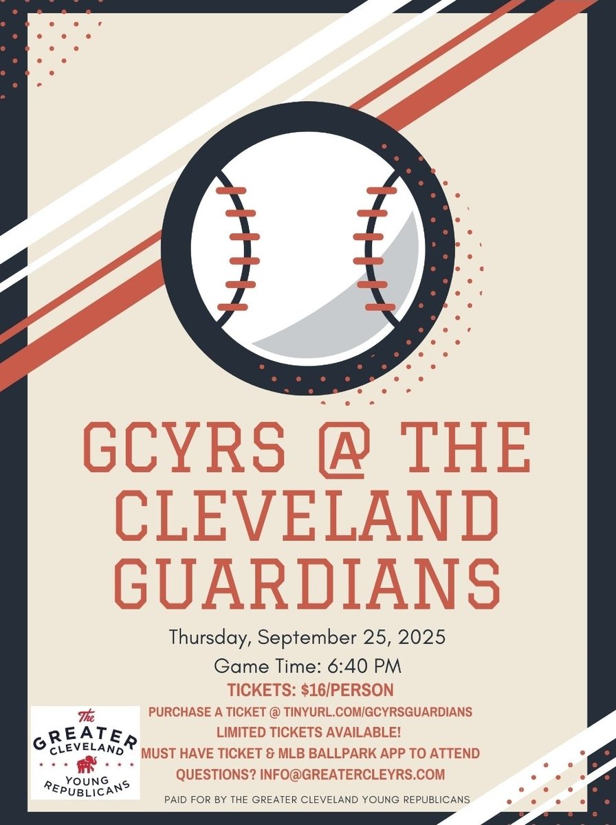 Join the Greater Cleveland Young Republicans for a fun night of baseball at the Cleveland Guardians!
Tickets are limited so act now &amp; secure yours today!