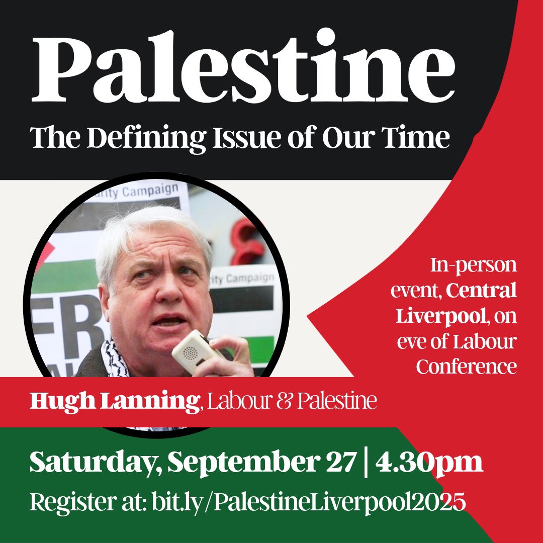 Our own long-time activist, trade unionist, &amp; campaigner for justice, Hugh Lanning, will be speaking at our eve of Labour Party conference event, alongside a range of speakers. Join the debate on how we build the movement for Palestine! 🇵🇸

Register here: eventbrite.co.uk/e/palestine-th…