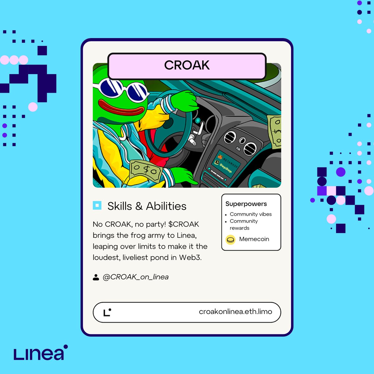 Linea.eth (@lineabuild) on Twitter photo Coinmunity Cashback, the first community-driven program that rewards users with up to 10% back in tokens, memecoins, and NFTs, is CROAK’n with up to 1% back in $CROAK!
In partnership with <a href="/DapDapMeUp/">DapDap (🤜,🤛)</a> and <a href="/efrogs_on_linea/">Ethereum Frogs 🐸</a>/<a href="/CROAK_on_linea/">CROAK by Efrogs</a>.
Only with <a href="/MetaMask/">MetaMask.eth 🦊</a> Card. Only on Linea. Coinmunity Cashback, the first community-driven program that rewards users with up to 10% back in tokens, memecoins, and NFTs, is CROAK’n with up to 1% back in $CROAK!
In partnership with <a href="/DapDapMeUp/">DapDap (🤜,🤛)</a> and <a href="/efrogs_on_linea/">Ethereum Frogs 🐸</a>/<a href="/CROAK_on_linea/">CROAK by Efrogs</a>.
Only with <a href="/MetaMask/">MetaMask.eth 🦊</a> Card. Only on Linea.