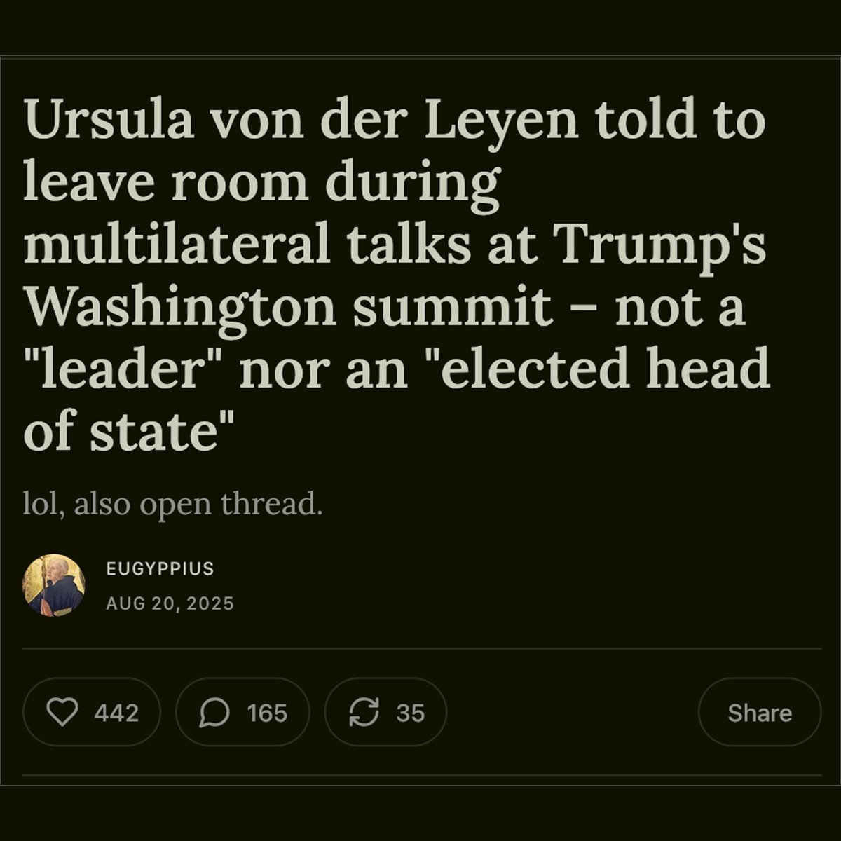 German bundestag Vice President Omid Nouripour says Ursula von der Leyen was told to leave the room for part of the meeting with Trump, Zelenskyy, EU  

He says Trump wanted to "only talk to leaders"

What did Rutte do?