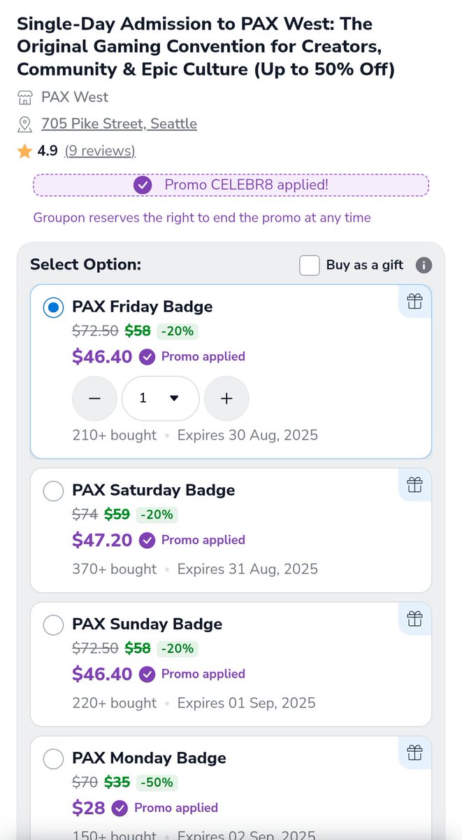 PAX West badges are on Groupon now. Cue: "back in my day..."
