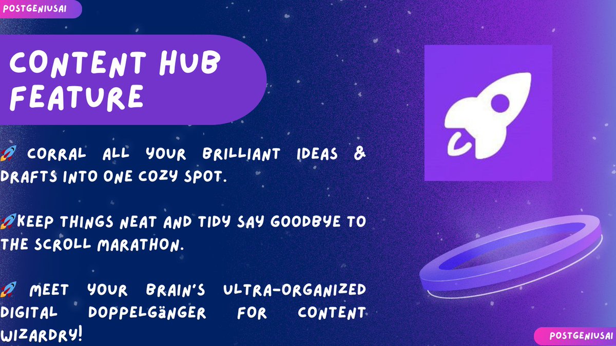 PostGeniusAI's tweet image. Tired of scattered content? 

🚀Introducing the PostGenius content hub!

🚀Finally, a central spot for all your PostGenius creations. 

🚀Generate, organize, and optimize, all in one place.

#contentmarketing #AItools #productivity #GenAI #contentcreation