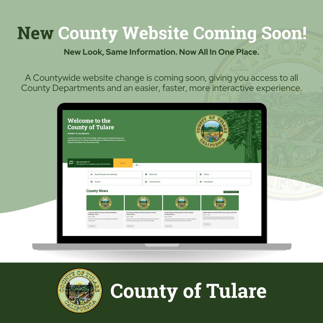 Coming Soon: a new website for Tulare County
Streamlined navigation, quick links to key services, and keyworded search options to help you find what you need. See our new look coming in late August!
#TulareCounty #newwebsite