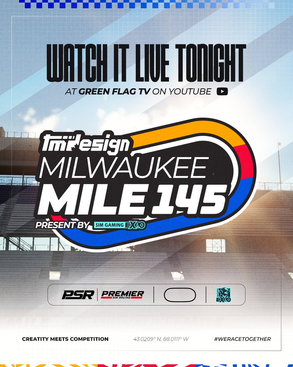 Tyler Manning Design (@any0fungus) on Twitter photo Tonight is the NIGHT! The <a href="/SimGamingExpo/">Sim Gaming Expo</a> Truck Series, hosted by the <a href="/PremierSimRacin/">Premier Sim Racing</a>, heads to Milwaukee for the Tyler Manning Design Milwaukee Mile 145!
-
Be sure to tune in at 8:30 PM EST live at <a href="/GreeenFlagTV/">GreenFlagTV</a> on YouTube! Tonight is the NIGHT! The <a href="/SimGamingExpo/">Sim Gaming Expo</a> Truck Series, hosted by the <a href="/PremierSimRacin/">Premier Sim Racing</a>, heads to Milwaukee for the Tyler Manning Design Milwaukee Mile 145!
-
Be sure to tune in at 8:30 PM EST live at <a href="/GreeenFlagTV/">GreenFlagTV</a> on YouTube!