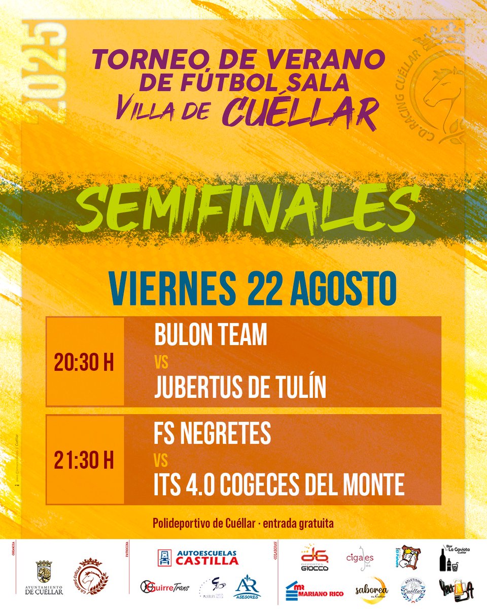 rcuellarfs's tweet photo. ¡SEMIFINALES!
Este viernes se disputan las semifinales del #TorneoDeVeranoRacingCuéllar.
- 20:30 h. Bulon Team de Arroyo de Cuéllar - Jubertus de Tulín
- 21:30 h. FS Negretes - Cogeces del Monte.
📍Polideportivo de #Cuellar
🎟️Entrada gratuita
#FútbolSala #futsal https://t.co/MYtQ5dbTFo