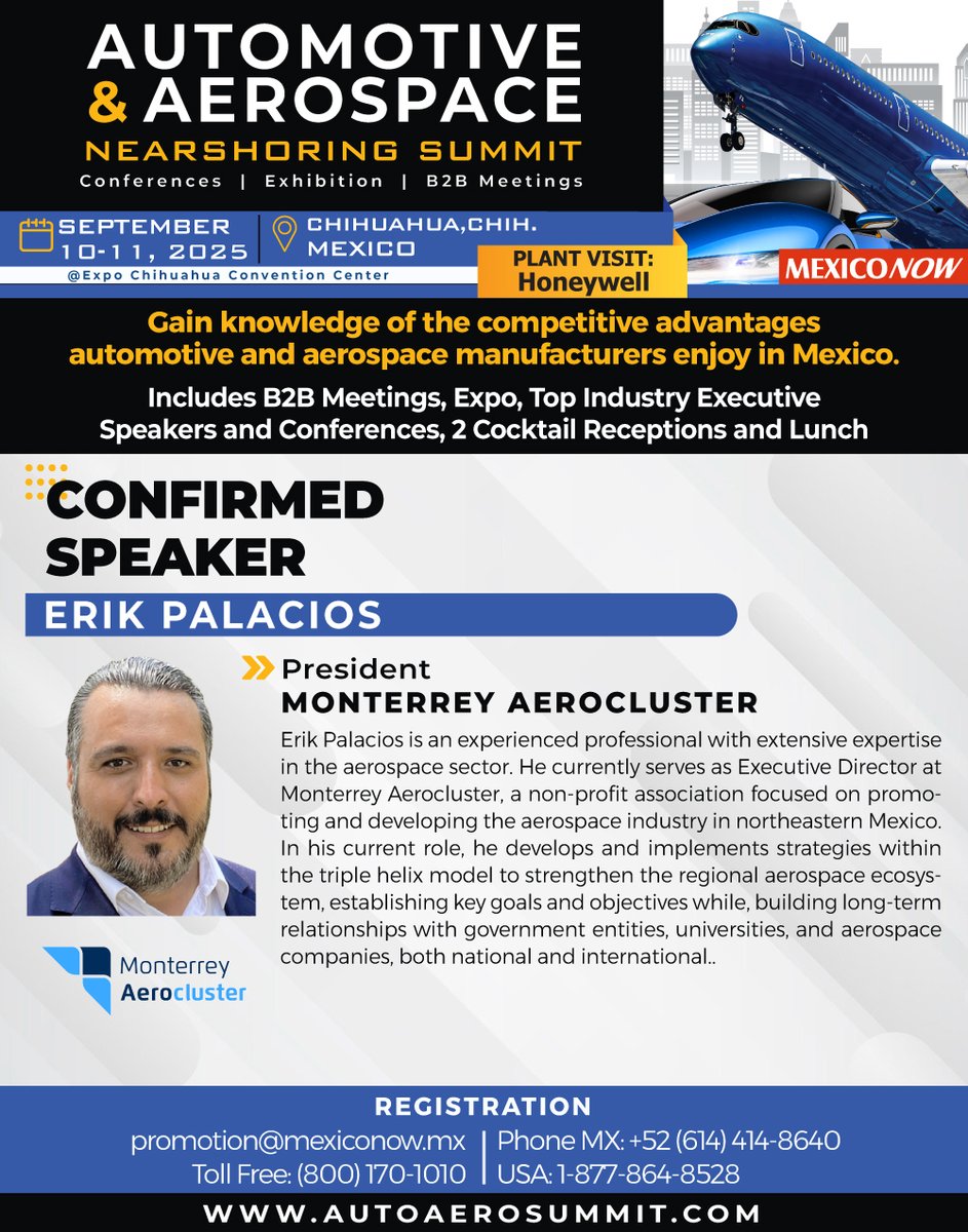 Automotive &amp; Aerospace Nearshoring Summit 2025 Meets in Chihuahua, Chih!
Join us on September 10-11, 2025.
REGISTER NOW! autoaerosummit.com
#Chihuahua #cuu #expo #manufacturing #industria #industry #industrialdesign #manufacture #manufacturer #mexico #aeronautical