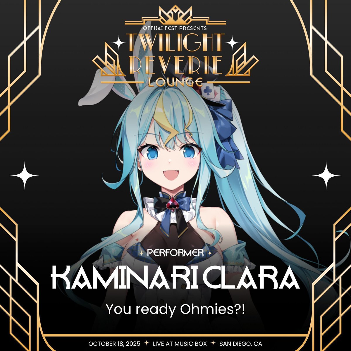 OffKai Expo | VTuber Convention (@offkaiexpo) on Twitter photo Lights low, stage set - introducing the electric showgirl, <a href="/kaminariclara_/">歌美鳴クララ 🍾⚡ Phase Connect</a>! 🍾⚡
Come see the sparks fly at the Twilight Reverie Lounge, live at Music Box in San Diego, CA on Oct. 18th for #OffKaiFest2025!
Admission sales start on Monday, Aug. 25th at 5pm PT. Lights low, stage set - introducing the electric showgirl, <a href="/kaminariclara_/">歌美鳴クララ 🍾⚡ Phase Connect</a>! 🍾⚡
Come see the sparks fly at the Twilight Reverie Lounge, live at Music Box in San Diego, CA on Oct. 18th for #OffKaiFest2025!
Admission sales start on Monday, Aug. 25th at 5pm PT.