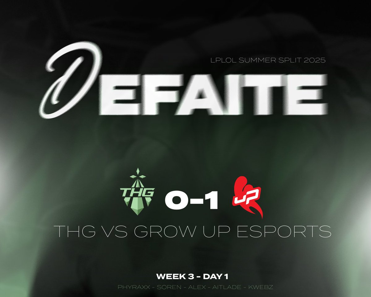 TeamHigh_Ground's tweet photo. Défaite face à @growupesports ce soir 😔
On passe en 1-2 dans la ligue, mais rien n’est joué ! 💚🖤
Merci à tous pour votre soutien, on prend notre revanche la semaine prochaine ! #THGG https://t.co/C1DNgQpKJd