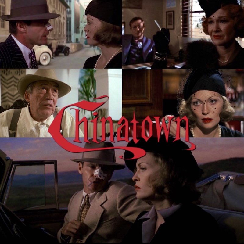Chinatown (1974) Directed by Roman Polanski stars Jack Nicholson and Faye Dunaway with John Huston and Diane Ladd in supporting roles.