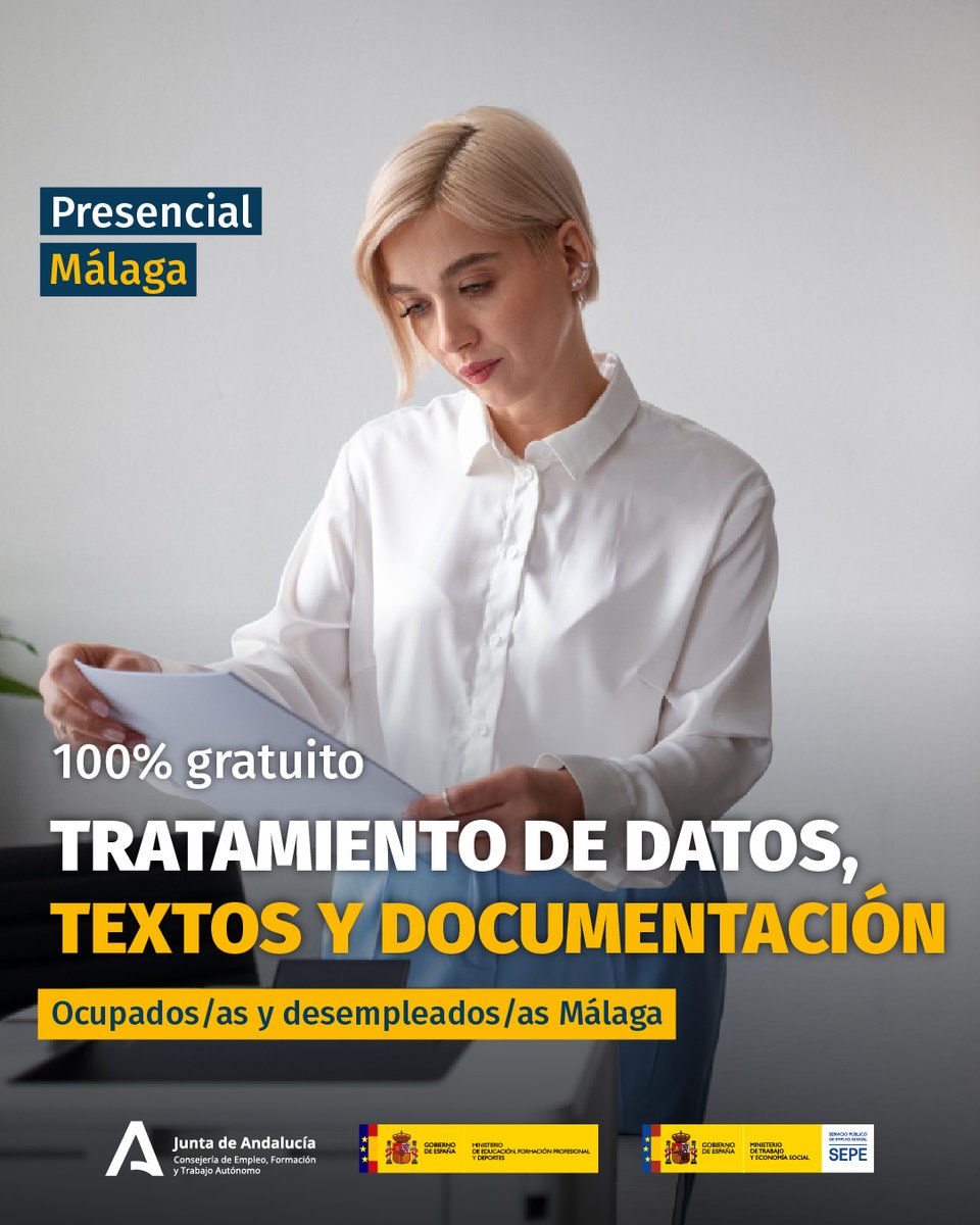📍 #málaga 
📚 Tratamiento de datos, textos y documentación.
👫 Ocupados/as y desempleados/as de Málaga.

Si estás interesad@ en esta formación o en alguna otra, déjanos tus datos en el siguiente formulario y te informaremos sin compromiso 🙂.
euroformac.eu/informame