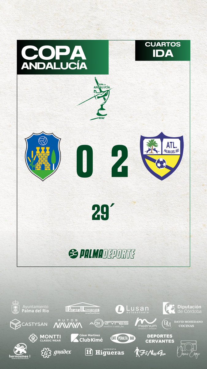 Palma del Río DEPORTE (@palmadeporte) on Twitter photo ⚽️💛💙 Fútbol | ¡¡SEGUNDO DEL <a href="/AtcoPalmadelRio/">Atl. Palma del Río CF</a> !! ¡GOOOL DE #MarcosSoler !
⚔️ Mano a mano de <a href="/7sergioleon/">sergio leon 7</a> que desvía el guardameta, y el #8 visitante coloca el segundo en el marcador
29’ | 0-2
#palmadeporte ⚽️💛💙 Fútbol | ¡¡SEGUNDO DEL <a href="/AtcoPalmadelRio/">Atl. Palma del Río CF</a> !! ¡GOOOL DE #MarcosSoler !
⚔️ Mano a mano de <a href="/7sergioleon/">sergio leon 7</a> que desvía el guardameta, y el #8 visitante coloca el segundo en el marcador
29’ | 0-2
#palmadeporte