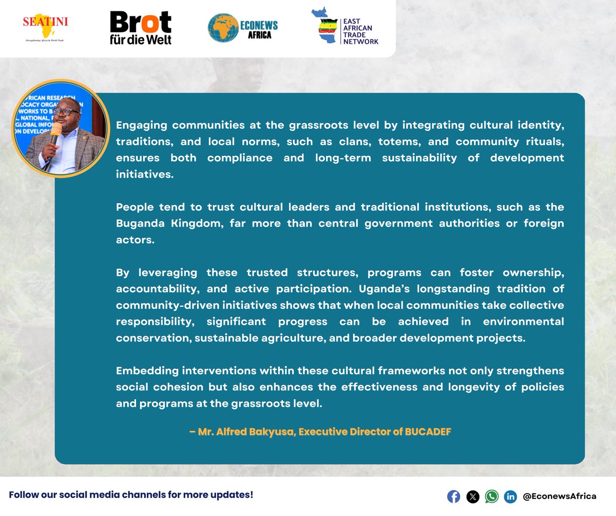 <a href="/ealawsociety/">East Africa Law Society(EALS)</a> <a href="/eacsof/">EACSOF Secretariat</a> <a href="/SADC_News/">SADC Secretariat</a> <a href="/ECOWASParliamnt/">ECOWAS Parliament</a> <a href="/_AfricanUnion/">African Union</a> <a href="/TradeMarkAfrica/">TradeMark Africa</a> <a href="/WTIunibe/">World Trade Institute (WTI)</a> <a href="/3rdworldnetwork/">Third World Network</a> <a href="/BROT_furdiewelt/">Brot für die Welt</a> <a href="/denmarkinkenya/">Denmark in Kenya</a> 🗣️ | Uganda’s 🇺🇬 longstanding tradition of community-driven initiative shows that when local communities take collective responsibility, significant progress can be achieved in environmental conservation, sustainable agriculture &amp; broader development projects.