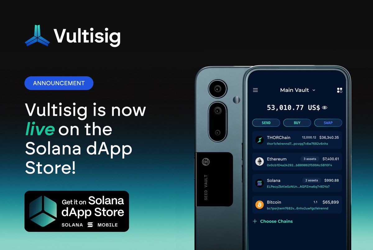 We’re live in the @Solanamobile dApp Store on all Solana devices!

Have you already received the Solana Seeker? Go download Vultisig on your new Seeker, upgrade your wallet security and store your Solana assets seedless.