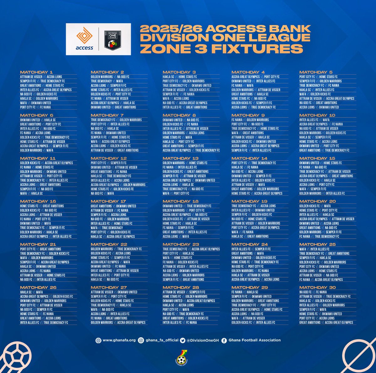 📅 Fixtures for Zone 3️⃣ of the 2025/26 Access Bank Division One League are out! ⚽🇬🇭

The season begins on the weekend of September 26–29, 2025.

#AccessBankDOL