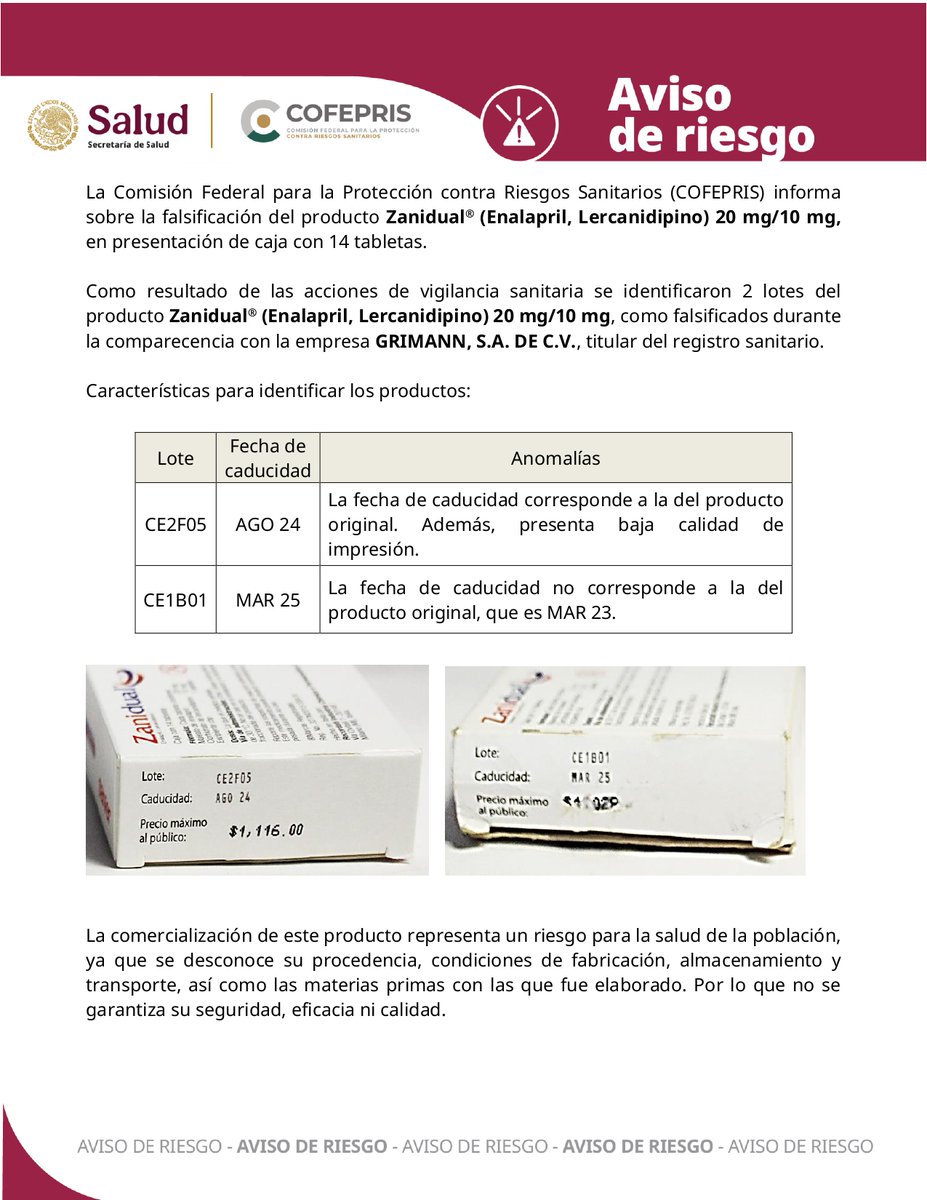 Gestrasan's tweet photo. Falsificación del producto Zanidual® 20/mg/10 mg
(Enalapril, Lercanidipino) tabletas https://t.co/4ji9qET9Kb