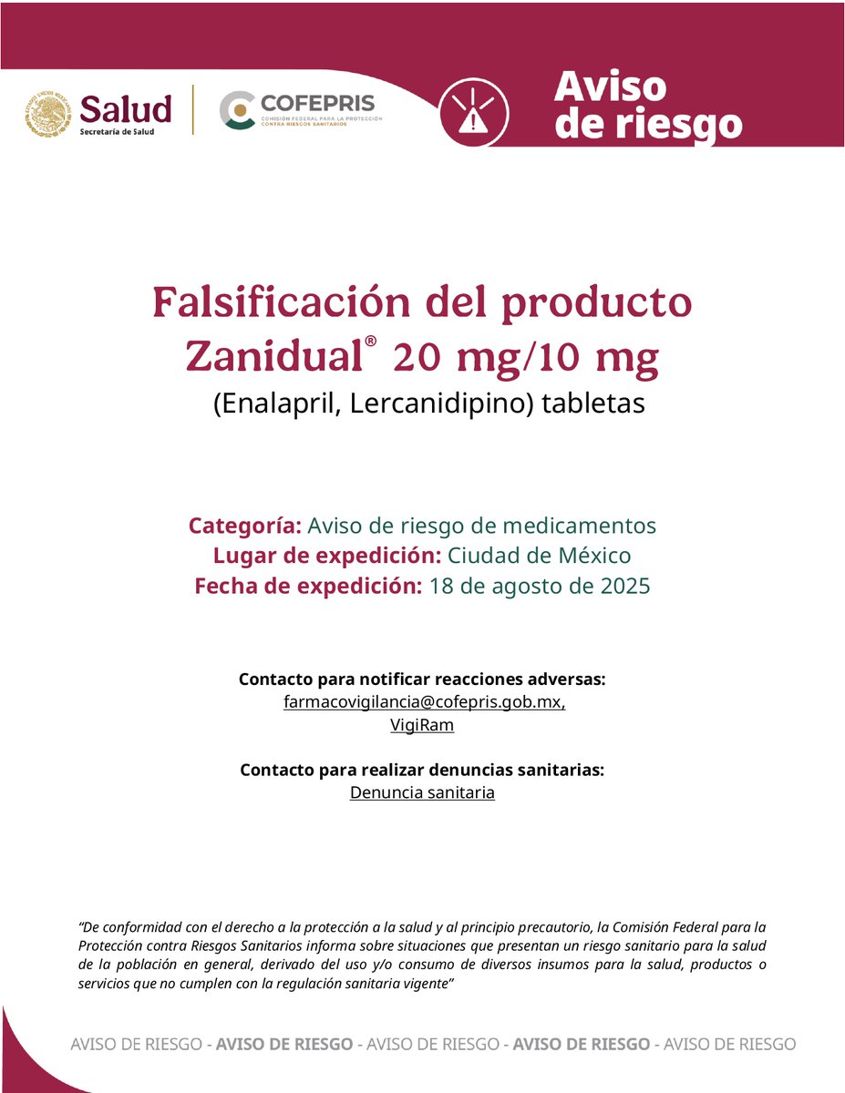 Gestrasan's tweet photo. Falsificación del producto Zanidual® 20/mg/10 mg
(Enalapril, Lercanidipino) tabletas https://t.co/4ji9qET9Kb
