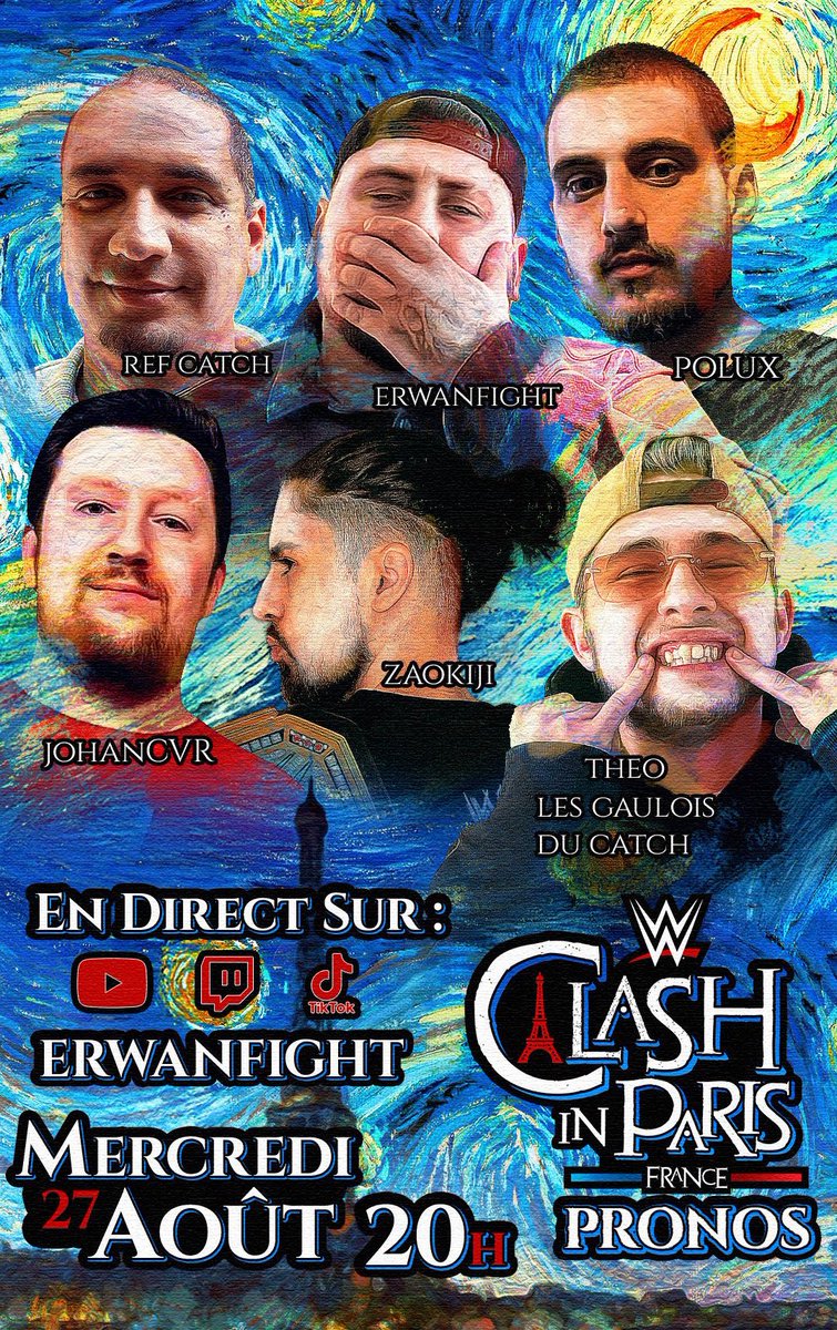 Johan_Cvr (@johan_cvr11) on Twitter photo RDV mercredi 27 août prochain à 20H sur la chaîne de <a href="/ErwanFightLive/">ErwanFight</a> pour son émission « Weekly Wrestling »
Édition spéciale Clash In Paris, on parlera de ce grand week-end et on fera nos pronostics du show.
(J’ai plus vu <a href="/MorganRef_Catch/">Morgan_Ref_Catch</a> cette année que ma propre mère). RDV mercredi 27 août prochain à 20H sur la chaîne de <a href="/ErwanFightLive/">ErwanFight</a> pour son émission « Weekly Wrestling »
Édition spéciale Clash In Paris, on parlera de ce grand week-end et on fera nos pronostics du show.
(J’ai plus vu <a href="/MorganRef_Catch/">Morgan_Ref_Catch</a> cette année que ma propre mère).