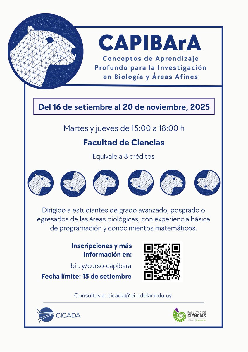 📢Abrieron las inscripciones para el curso Conceptos de Aprendizaje Profundo para la Investigación en Biología y Áreas Afines (CAPIBArA). 

👉Será del 16 de setiembre hasta el 20 de noviembre en la Facultad de Ciencias.

Más información: bit.ly/curso-capibara