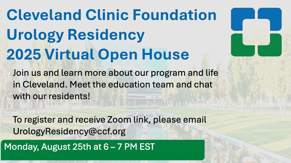 Cleveland Clinic Urology Residency Program (@cleclinicurores) on Twitter photo Upcoming urology applicants - join us for our open house on August 25th from 6-7 PM!
Register by emailing us at UrologyResidency@ccf.org. See you there!
<a href="/Uro_Res/">The Urology Applicant ⚕</a> <a href="/Uro_Stream/">UroStream</a> Upcoming urology applicants - join us for our open house on August 25th from 6-7 PM!
Register by emailing us at UrologyResidency@ccf.org. See you there!
<a href="/Uro_Res/">The Urology Applicant ⚕</a> <a href="/Uro_Stream/">UroStream</a>