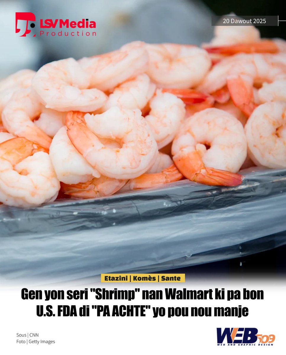 LuckNews88's tweet photo. ✍🏾ENFO | Nan yon ankèt « U.S Food and Drug Administration » mennen, yo remake gen sèten sachè « Schrimp »🦐kap vann nan Walmart, ki ba yo kè kase pou jan yo wè yo pa pwòp, epi Shrump sa yo gen yon kontaminasyon « radioactive » ladan yo. « U.S. FDA » di yo detekte nan yon echantiyon Shrimp ki soti nan Pò Los Angeles, Houston, Savannah ak Miami, sa yo rele yon « isotope radioactif » - « césium-137 ». Enfòmasyon yo revele, se yon antrepriz ki baze nan peyi Indonesie,🇲🇨ki rele « BMS Foods », ki distribye pwodui sa a Etazini.🇺🇸Parapò a risk kansè nivo « césium-137 » sa ka pwovoke, otorite amerikèn yo mande fanmi yo pou pa achte Shrimp sa, ki nan yon sachè blanch ki peze « 2 liv », ki make « Great Value », avèk yon dat konsomasyon ki ale jiska 15 mas 2027. Walmart anonse li gentan retire Shrimp sa yo sou etajè li yo, ki te gentan ap vann nan 13 « state » . Nap pale de Alabama, Arkansas, Florida, Georgia, Kentucky, Louisiana, Missouri, Mississippi, Ohio, Oklahoma, Pennsylvania, Texas ak Virginie-Occidentale | @CNN