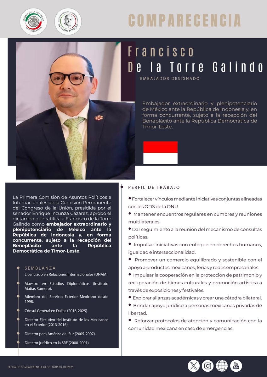 📌La Comisión Permanente del Congreso de la Unión ratifica al C. Francisco de la Torre Galindo, <a href="/fdelatg/">Francisco de la Torre 🥑</a>, Embajador Extraordinario y Plenipotenciario de México en la República de Indonesia, <a href="/EmbMexIno/">Embamex Indonesia</a>.
Conoce su plan de trabajo: