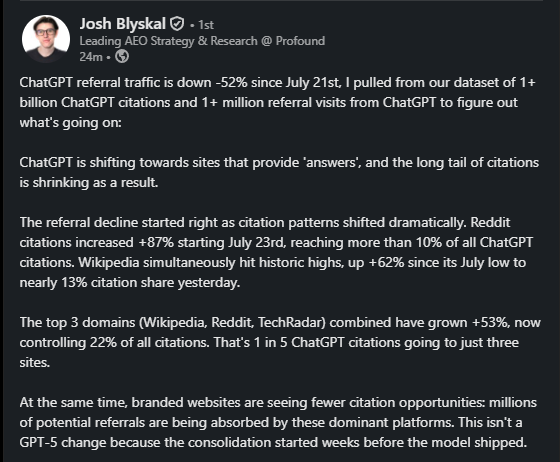 Wait, you mean OpenAI can turn the dials and rankings and downstream traffic can change radically? But what about all the adjustments sites are implementing just for AI chatbots? :) -> From Josh at Profound: "ChatGPT referral traffic is down -52% since July 21st, I pulled from