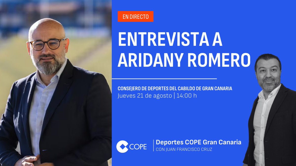 Deportes COPE Gran Canaria (@deportescope_gc) on Twitter photo 🎙️Aridany Romero, en Deportes <a href="/COPEGranCanaria/">COPE Gran Canaria</a>
📻 Consejero de deportes Cabildo de Gran Canaria
📡103.0 FM
📡102.9 FM
📱cope.es/emisoras/canar… 🎙️Aridany Romero, en Deportes <a href="/COPEGranCanaria/">COPE Gran Canaria</a>
📻 Consejero de deportes Cabildo de Gran Canaria
📡103.0 FM
📡102.9 FM
📱cope.es/emisoras/canar…