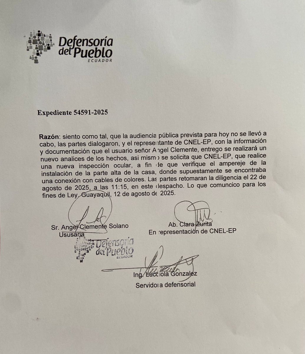 DarioClemente5's tweet photo. Estimados, en vista que los Srs. Técn., ni la Ab. Clara Zurita  que lleva mi reclamo en representación de Cnel se han contactado con mi persona para realizar inspección según se acordo mediante expediente 54591-2025 por la Defensoría del pueblo.
#Reclamo @CNEL_EP @DEFENSORIAEC https://t.co/9GA4HLn4bj