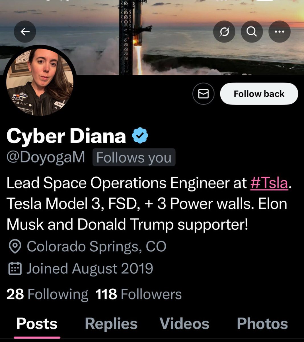 Can you please report <a href="/DoyogaM/">Cyber Diana</a> 

Oddly, I’m not the Lead Space Engineer at Tesla 🤣

And where I am flattered they like that picture of me, it’s my picture.