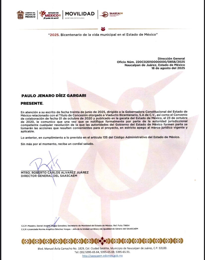 PDiezG's tweet photo. Le solicité respetuosamente a la Gobernadora @delfinagomeza que me informara si por virtud de la #ConcesiónPatito se otorgó válidamente a la corrupta Aleatica el derecho a explotar el tramo Tepalcapa-Tepotzotlán de la autopista federal México-Querétaro y que instruyera al Secretario @DanielSibaja_ para que no modifique la #ConcesiónPatito del Viaducto Bicentenario (que no es una concesión) y esto es lo que me responde un subalterno del Secretario Sibaja. ¿Alguien entiende lo que dice este muchacho? Tendré que promover un nuevo amparo para obligar al @Edomex a responder mi petición en idioma español. Esto no es correcto ni legal, Gobernadora. @Claudiashein