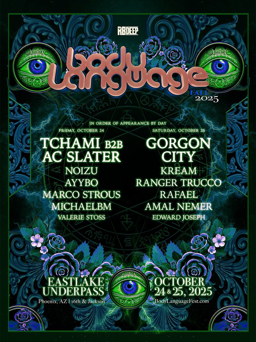 The Body Language day by day lineup has arrived 🪩✨ Plan your weekend under the Eastlake Park underpass and see who’s taking over each day. 

Single day tickets on sale this Friday at 10AM PT → bodylanguagefest.com 🎟️

#BodyLanguageFest #RelentlessBeats #EastlakePark