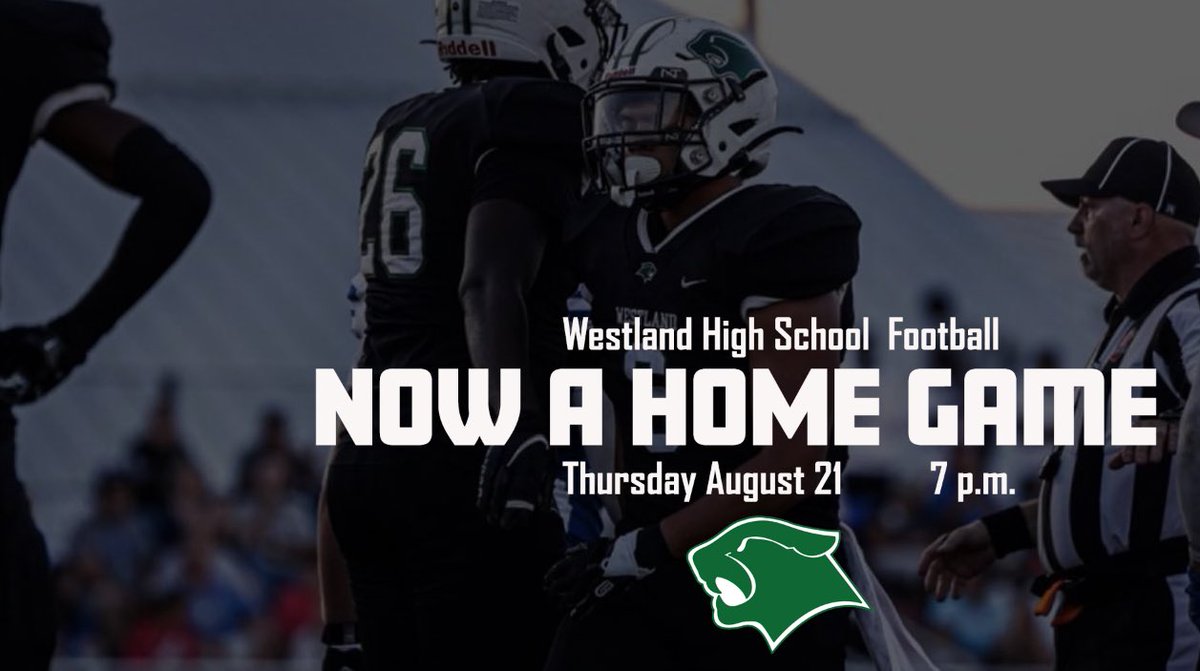 WHSCougars's tweet photo. CHANGE OF VENUE: Due to construction delays at Centennial High School, tomorrow’s (Thursday, August 21, 2025) Week One @WestlandFB game between Centennial High School and WHS will now be a HOME game played at Westland High School. #ToughStreet https://t.co/PLW2UT9zCw