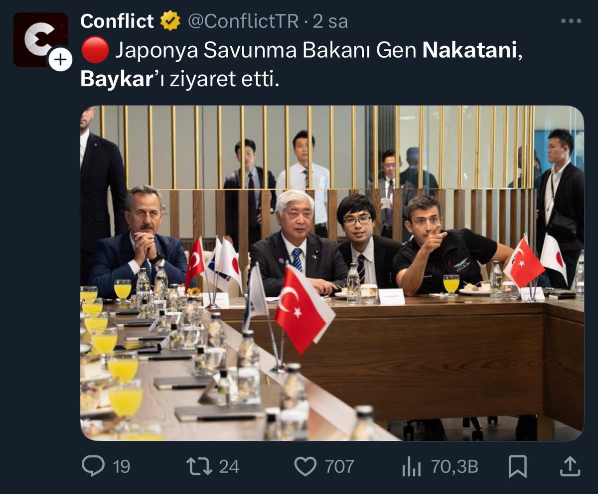 Japon yetkililer;

Türk SİHA’sı için 13 saat uçak yolculuğuyla geldi

Türkiye tarihinde ilk kez bir Japon Savunma Bakanı ziyarete etti

Önce Ankara’da resmi temaslarda bulundu, ardından da asıl hedefi olan Baykar için İstanbul’a geçti

Bir süredir İsrail Heron’larıyla