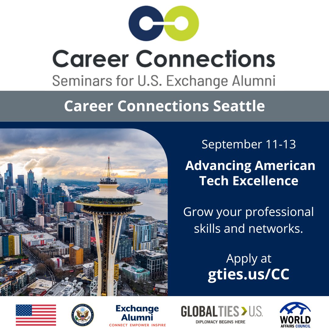 #CareerConnections Seattle: Advancing American Tech Excellence connects U.S. citizen #ExchangeAlumni w/local industry employers. Learn how #InternationalExchange experience makes you competitive. Apply <a href="/globaltiesus/">Global Ties U.S.</a> <a href="/ExchangeAlumni/">Exchange Alumni</a>  Sept 11-13 gties.us/CC