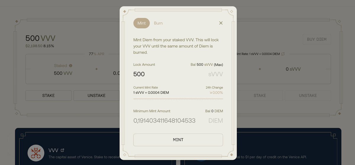 Screenshot of the DIEM minting interface step 1