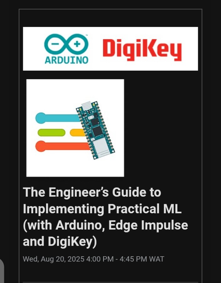 Smart__Ayo's tweet photo. I had a session on ML for MCUs with @arduino @EdgeImpulse @digikey
My key lesson was ML shines when solving real problems
I’ll be applying this to my Fall Detection Device, using ML to boost accuracy in detecting falls
#machinelearning #edgeai #embedded #healthTech #smartfix https://t.co/JHLCBnpF3R