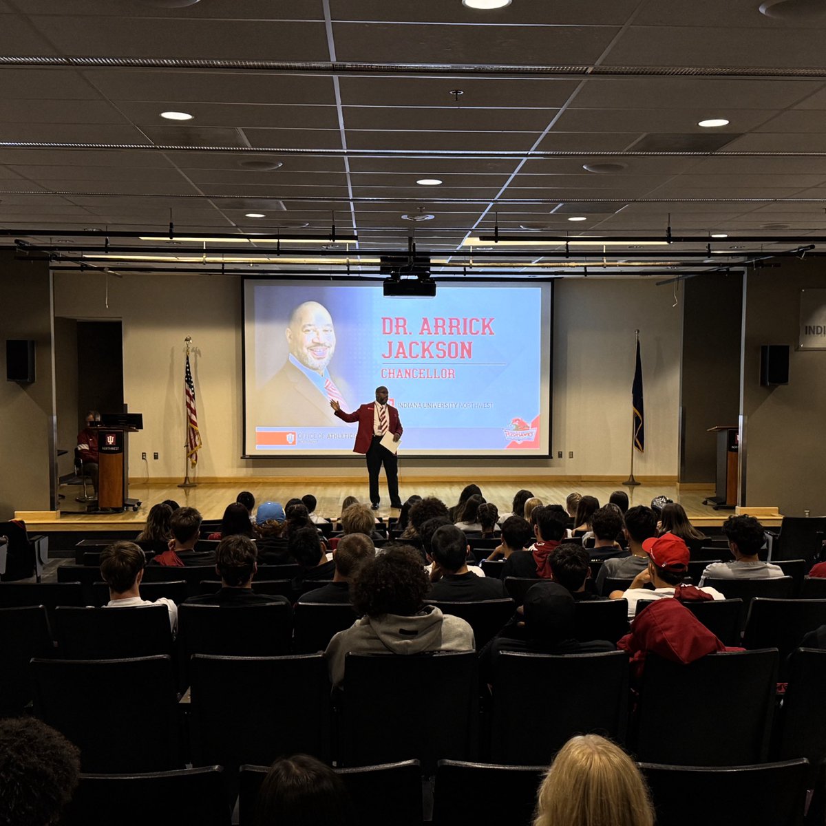 IUNRedHawks's tweet photo. It’s happening! Fall sports are BACK! 🤩🍁

@iunorthwest new Chancellor, Dr. Arrick Jackson welcomes the fall sport student-athletes during the RedHawk fall orientation. 

#TheRedHawkWay #TheRightWayToPlay #IUN #NAIA https://t.co/MdT656g98J